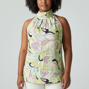 Miss Selfie Retro Print Lime Green High Neck Halter Tank Blouse Large NWT